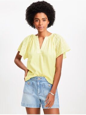 LOFT Pale Yellow Flutter Sleeve Split-Neck Top XL